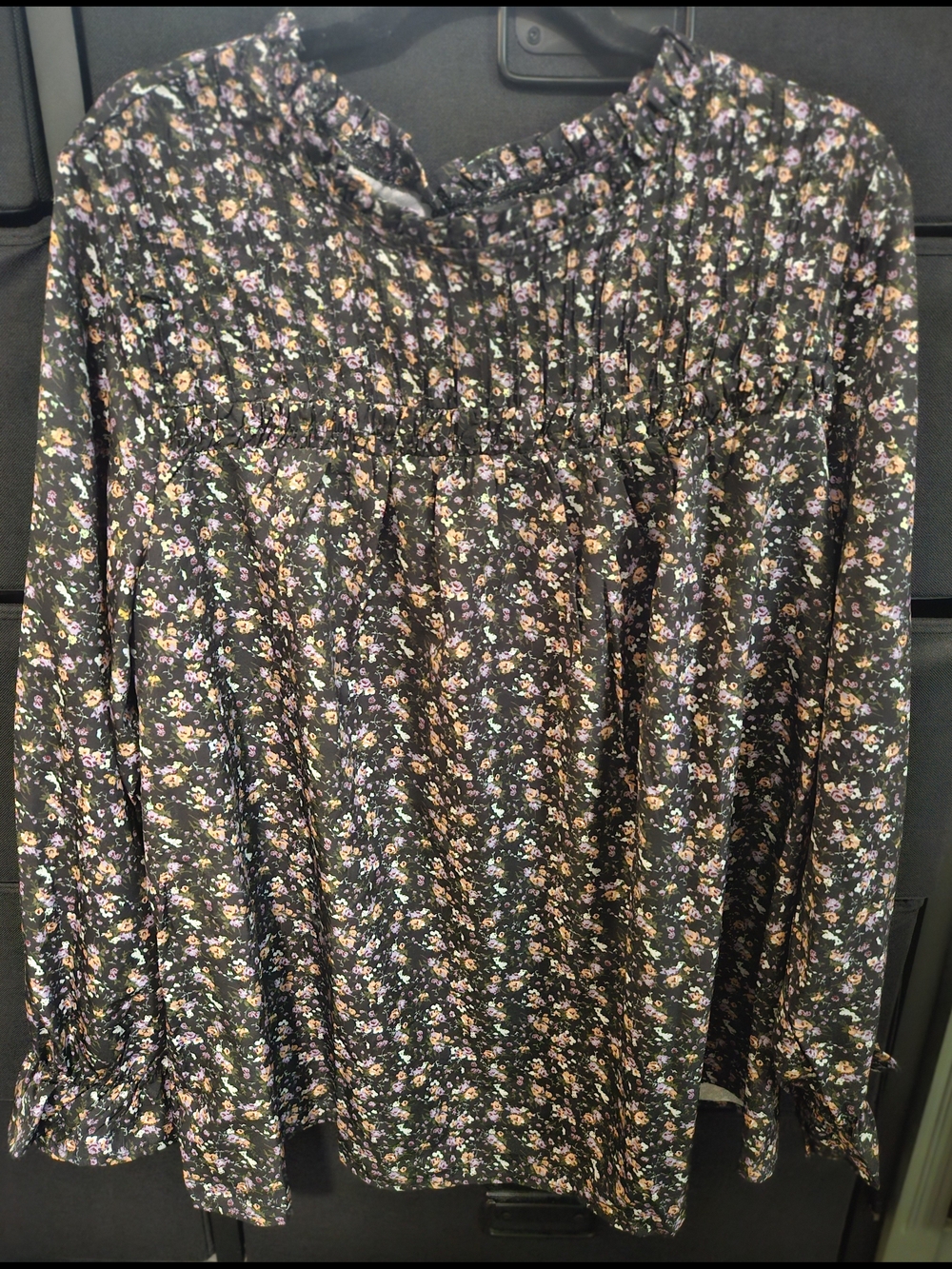 BloomChic Black Floral Long-Sleeve Ruffle Peasant Blouse